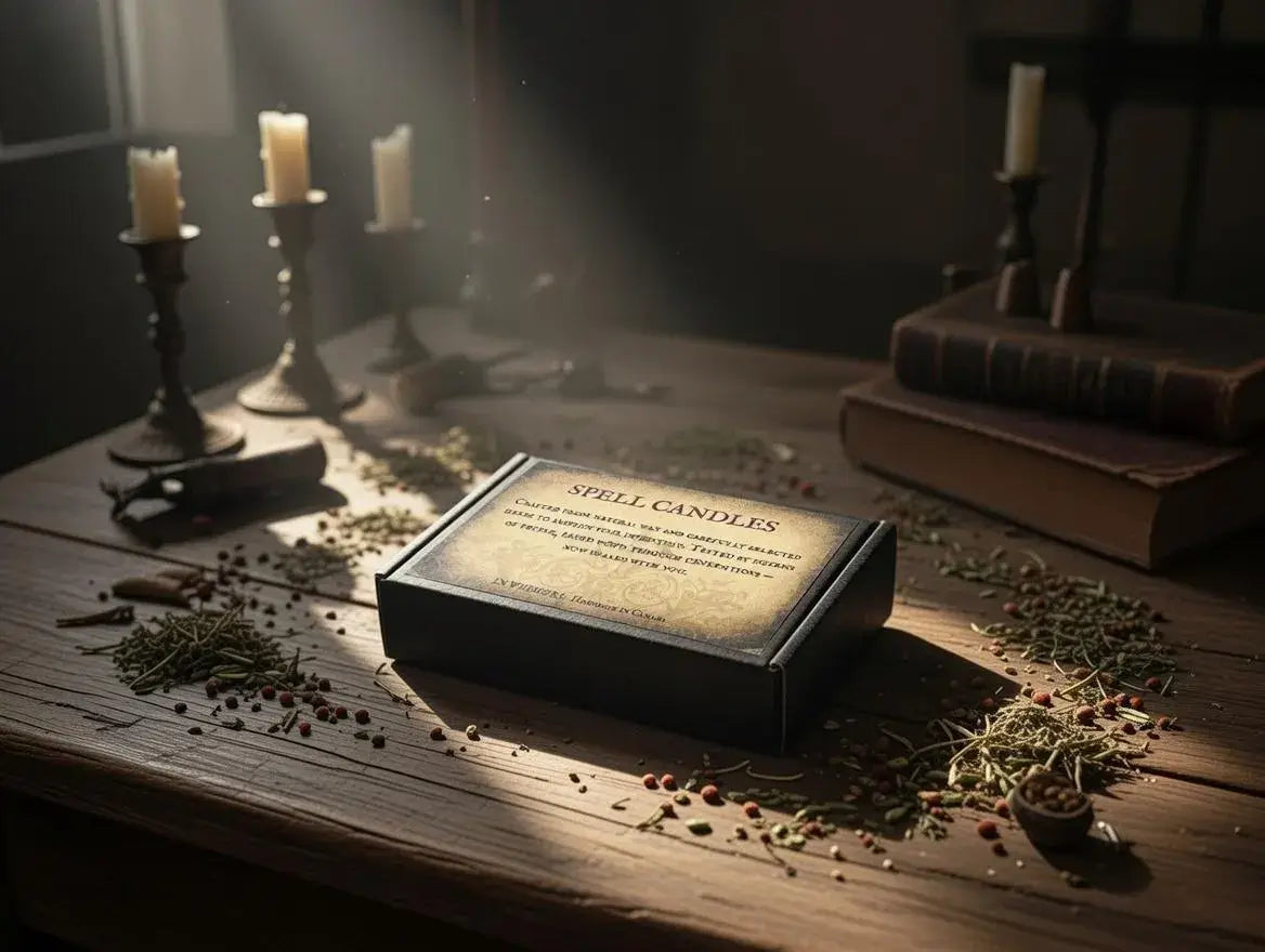 Box on a wooden table with natural beeswax candles and herbs