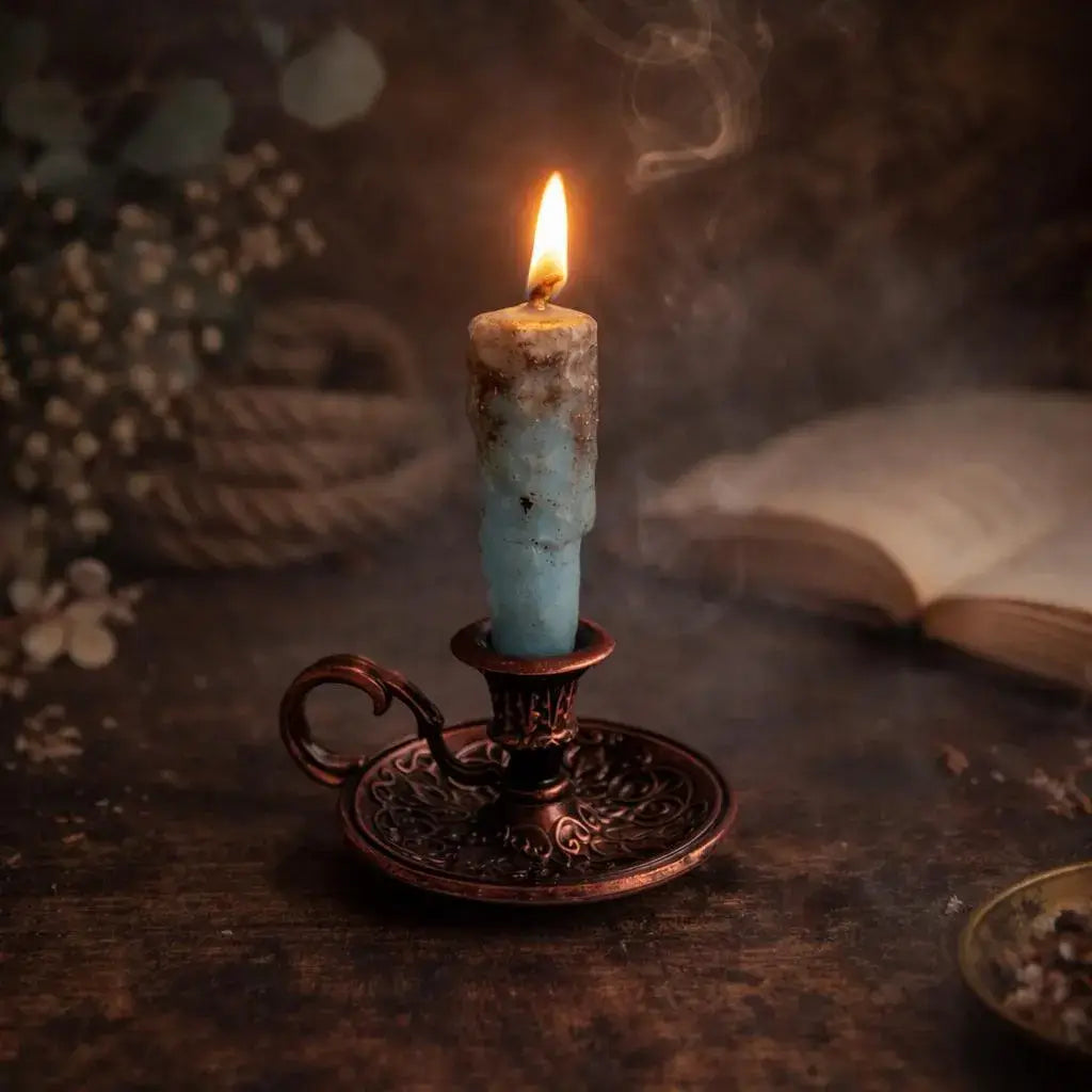 A lit blue natural beeswax candle in an ornate dark bronze holder on a rustic wooden surface, with a blurred open book and dried flowers in the background.