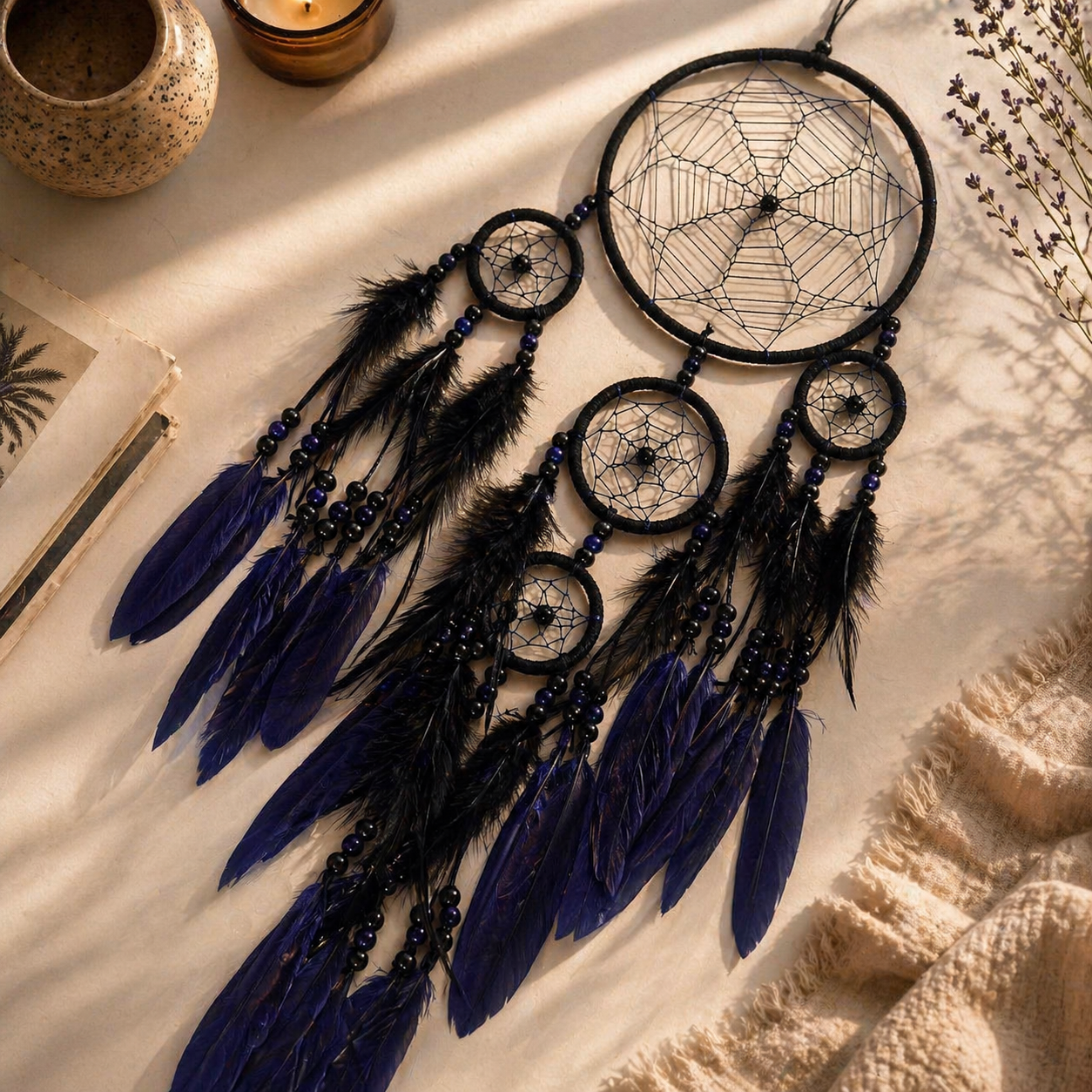 Dark Boho Dreamcatcher Wall Decor – Spiritual Bohemian Bedroom Accent, Blue Feathers