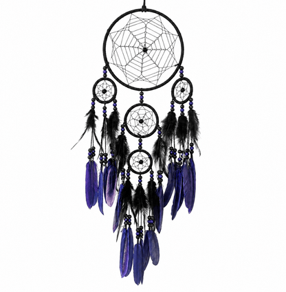 A black dreamcatcher with three nested hoops, purple beads, and hanging purple feathers and black feathers, shown against a plain white background.
