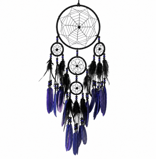 A black dreamcatcher with three nested hoops, purple beads, and hanging purple feathers and black feathers, shown against a plain white background.
