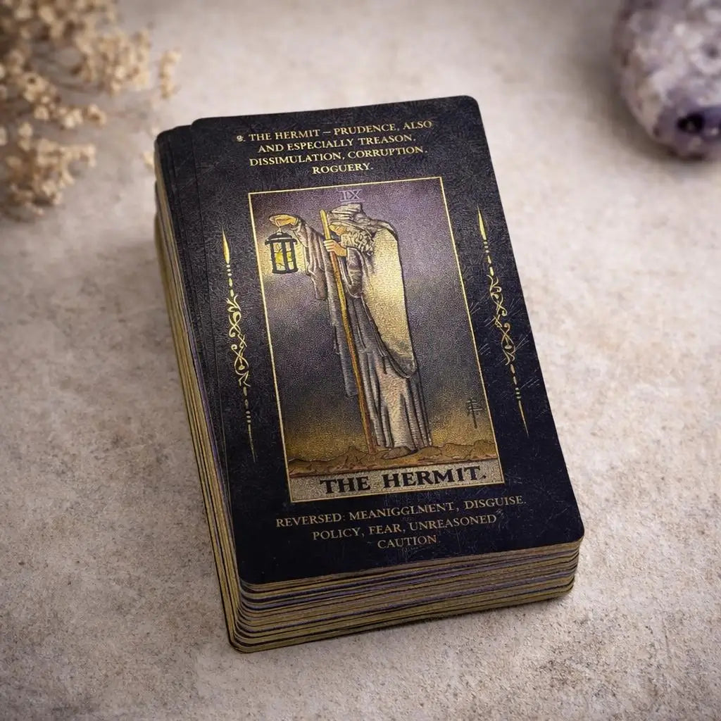Stack of tarot cards with 'The Hermit' card on top, on a textured surface.