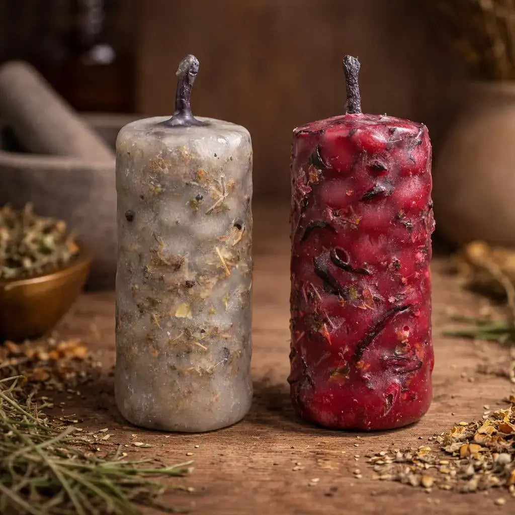 Two rustic candles, one gray and one red, on a wooden surface with herbs and bowls in the background.