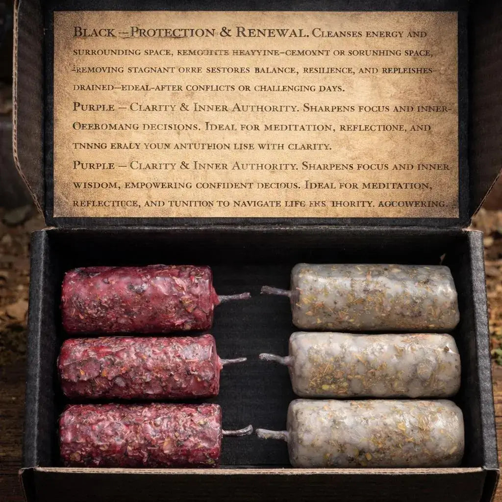 An open black box containing four herbal wax melts: three in dark reddish-brown paper and one in light beige paper, with the inner lid showing printed descriptions of their properties.