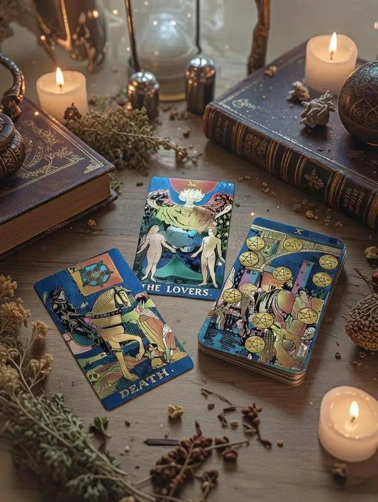 Three illustrated tarot cards are arranged on a wooden table surrounded by lit candles, old books, dried herbs, and small decorative objects. The visible card titles include Death and The Lovers.