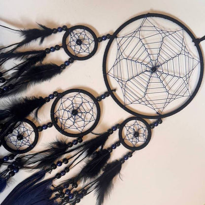 Dark Boho Dreamcatcher Wall Decor – Spiritual Bohemian Bedroom Accent, Blue Feathers