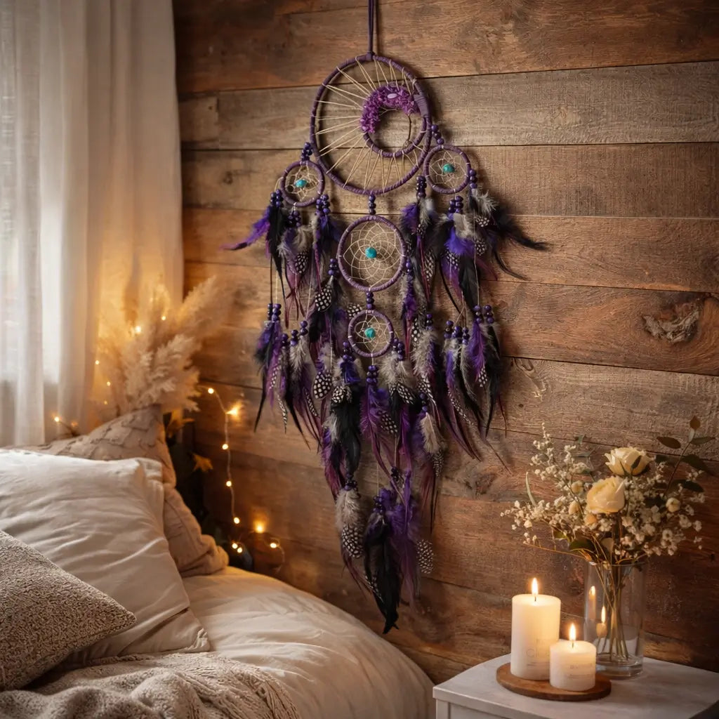 A large bohemian dreamcatcher wall hanging with multiple purple, black, and white feathers, beads, and turquoise accents, displayed on a rustic wooden wall above a bed in a warmly lit bedroom.