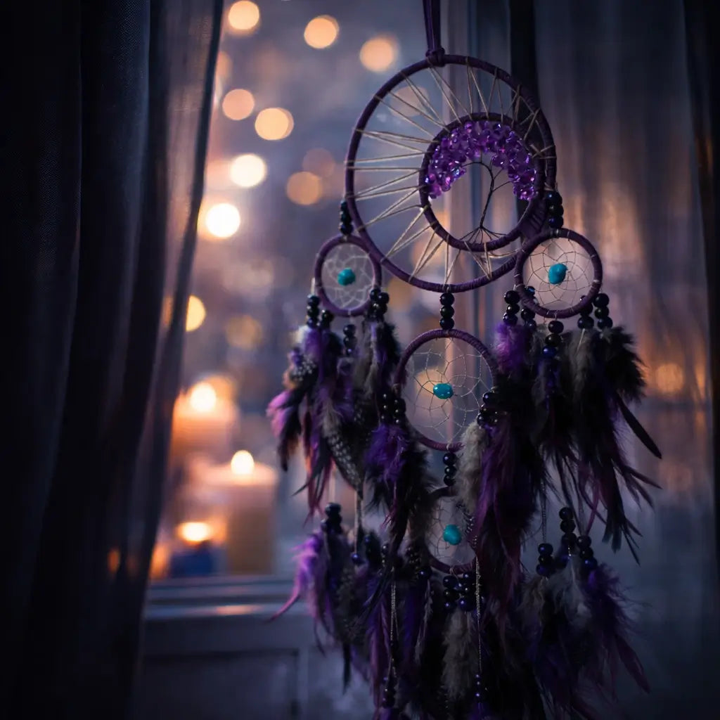 Dreamcatcher with feathers and beads in front of a window with blurred lights