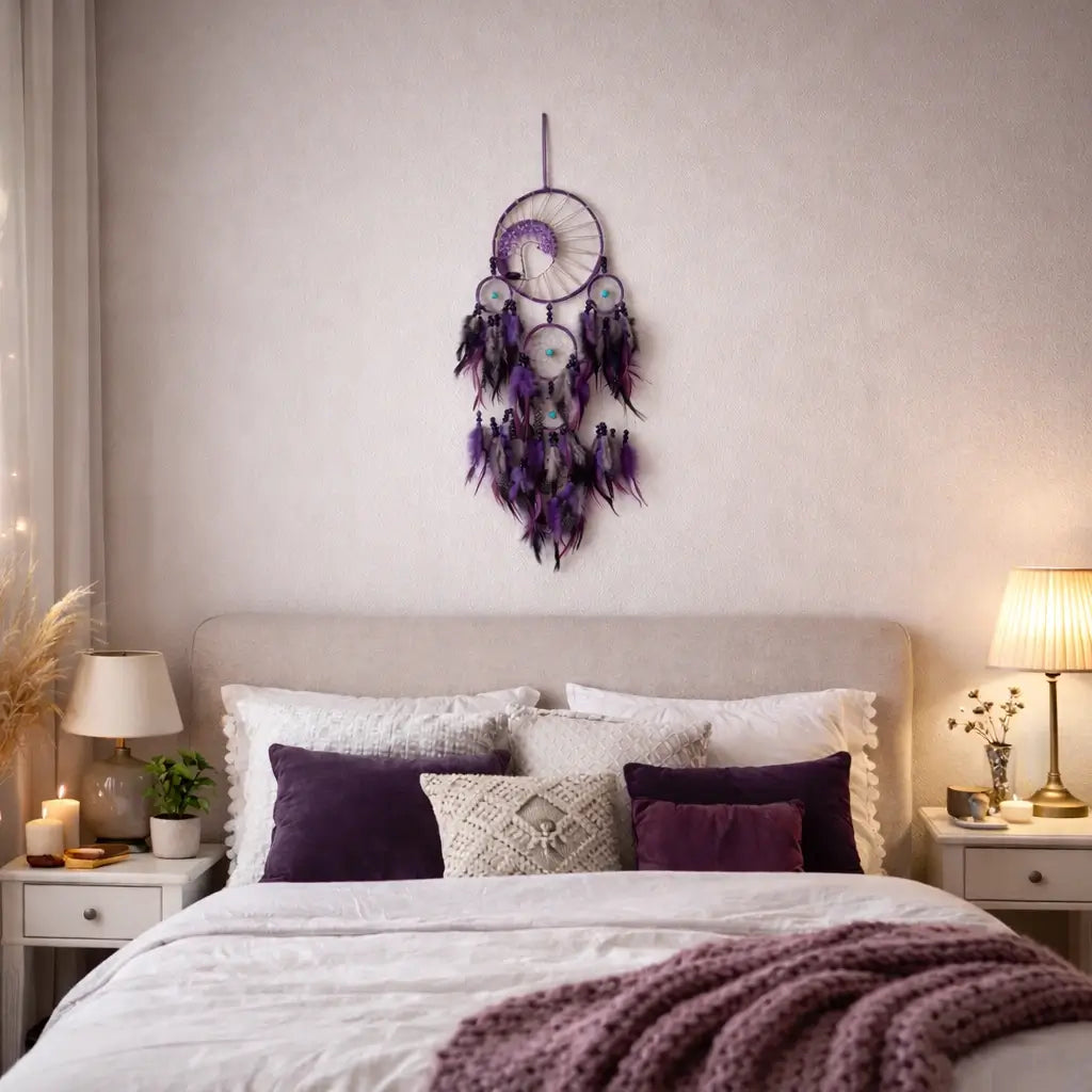 Decorative dreamcatcher on a wall above a bed with purple and white bedding.