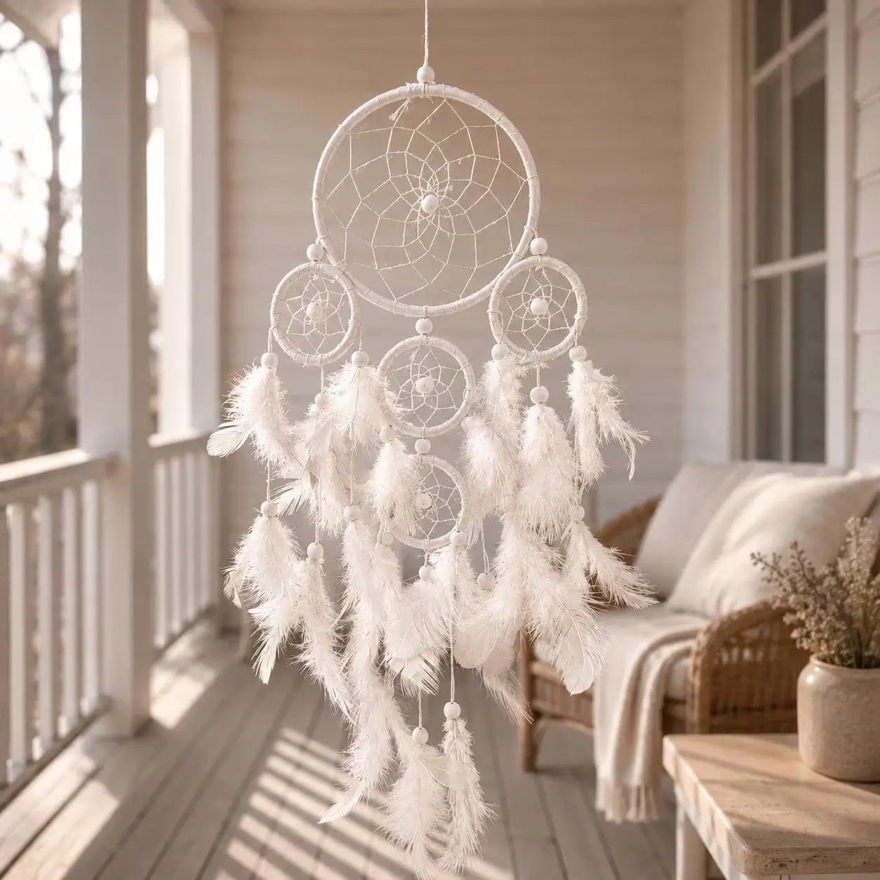 White dreamcatcher with feathers hanging on a porch