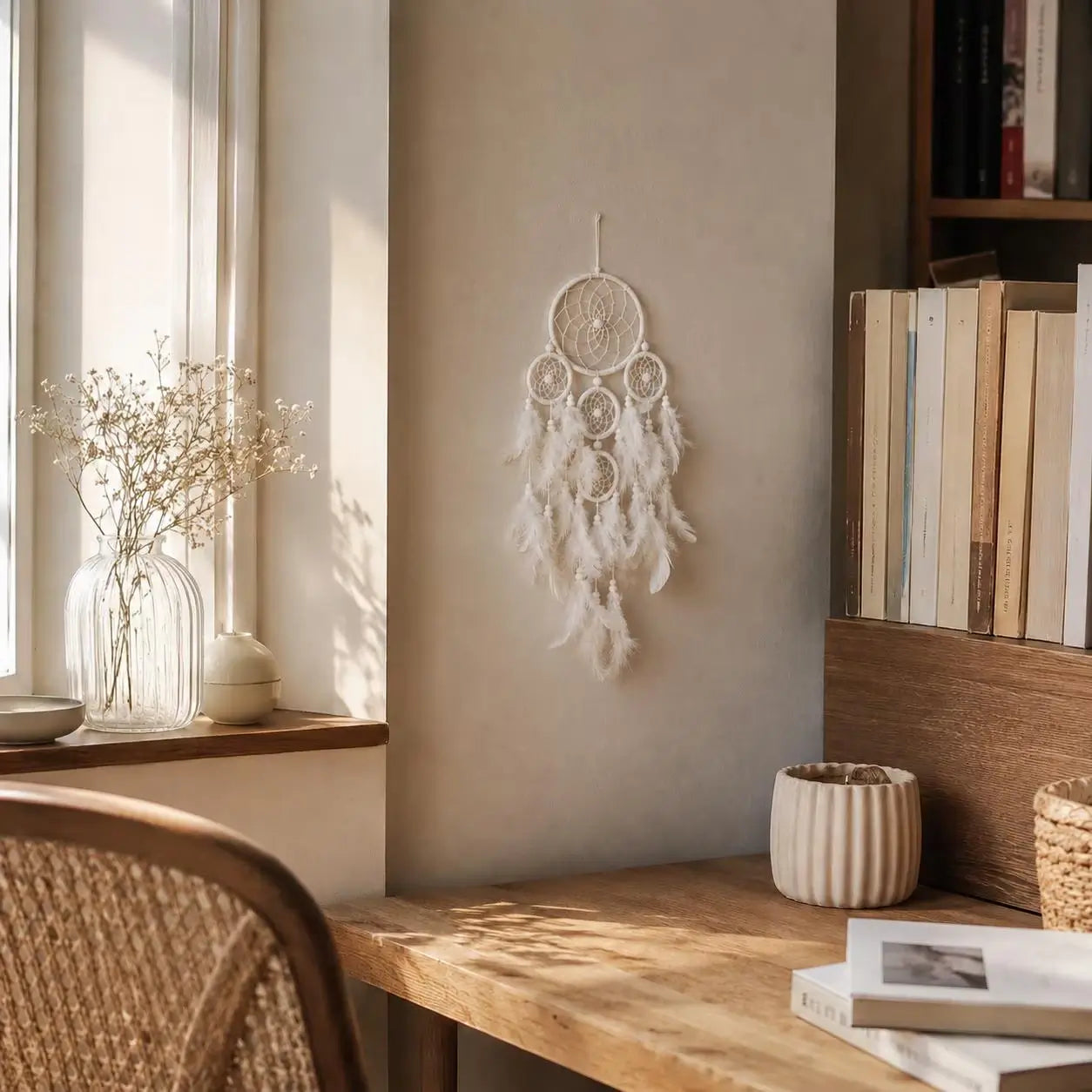 Decorative dreamcatcher hanging on a wall next to a wooden shelf with books and a vase.