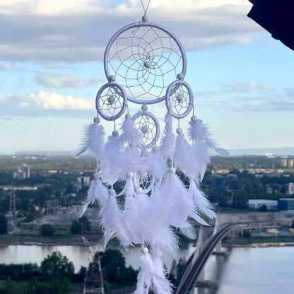 A white dreamcatcher with multiple hanging feathers and three smaller hoops, photographed outdoors against a cloudy sky and distant cityscape over water.