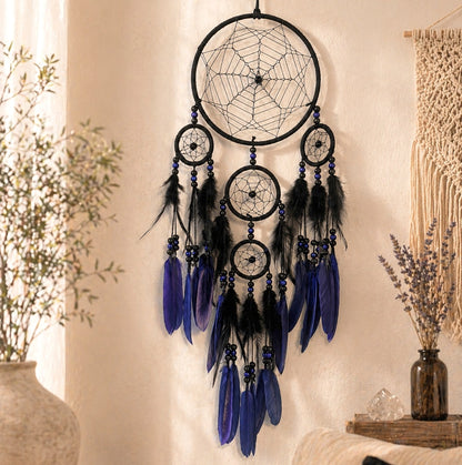 Dark Boho Dreamcatcher Wall Decor – Spiritual Bohemian Bedroom Accent, Blue Feathers