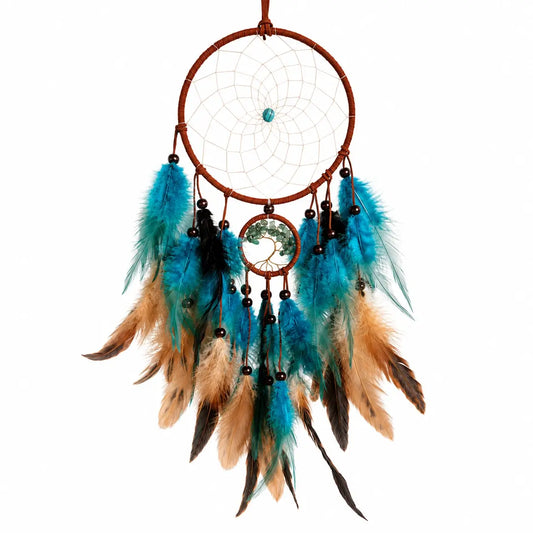 A dreamcatcher with a brown woven hoop, white webbing, turquoise blue beads, and hanging feathers in turquoise, brown, and black, isolated on a white background.