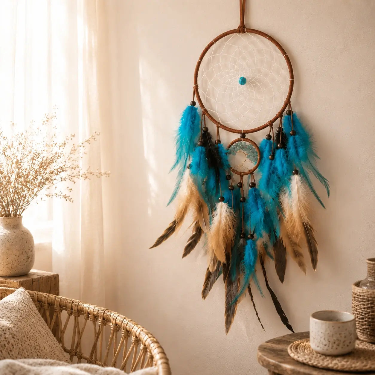 Dreamcatcher with blue and brown feathers hanging on a wall next to a wicker chair and small table.