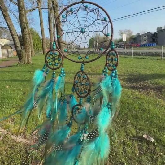 Large Turquoise Dream Catcher Wall Hanging – Boho Home Decor with Beads & Faux Feathers